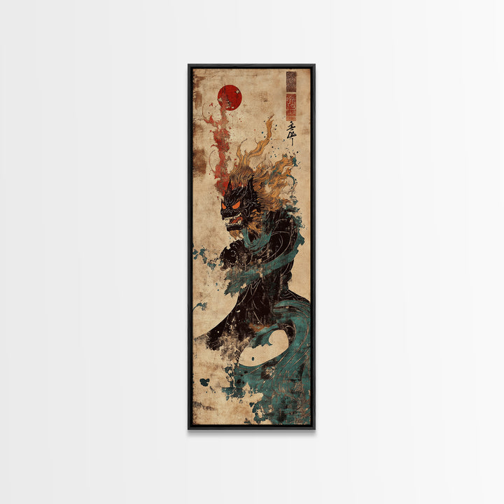 Dark Japanese Dragon With Red Sun Canvas Print, Mythical Fantasy Wall Art, Asian Warrior Decor, Gothic Statement Poster Art