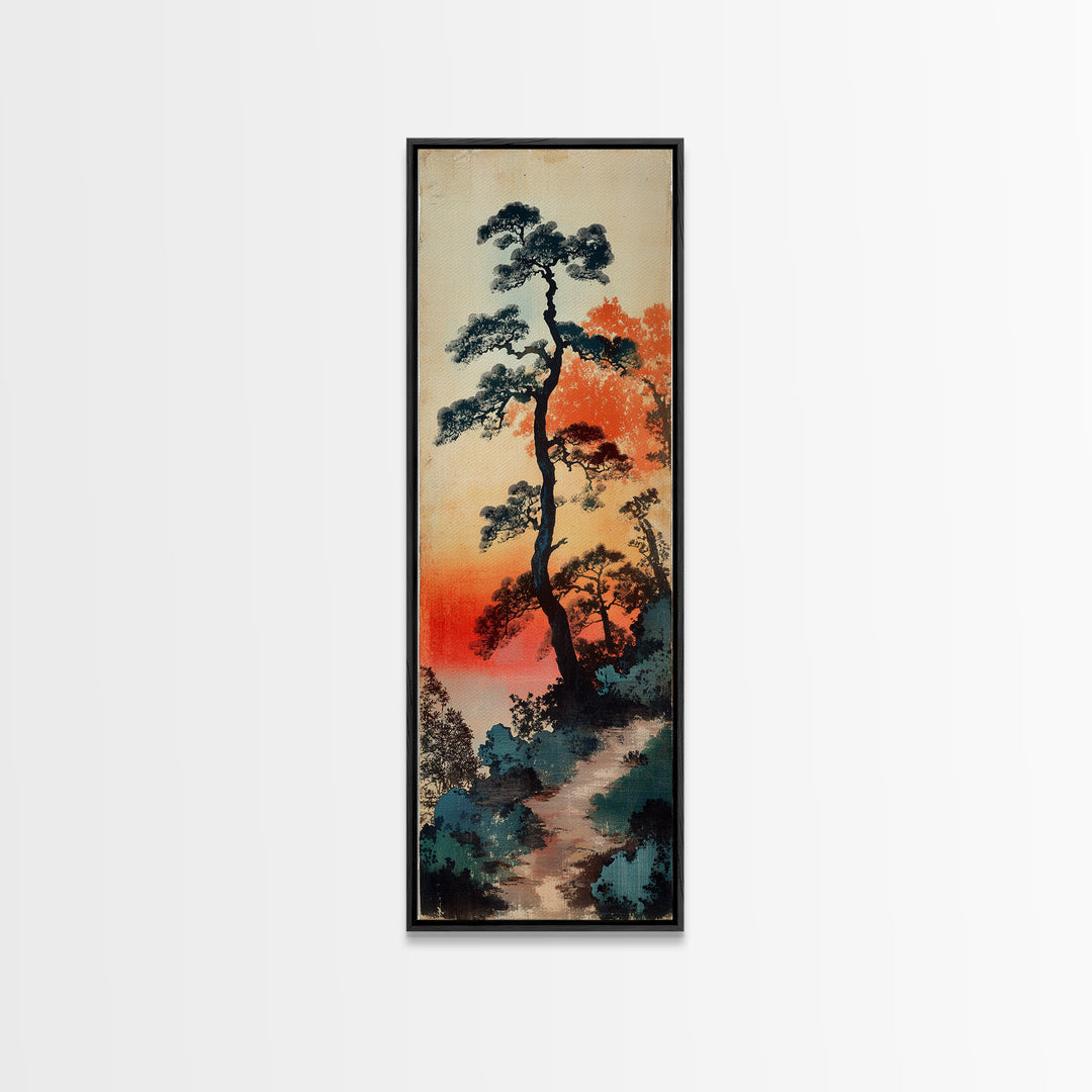 Tall Pine Trees At Sunset Wall Art, Japanese Forest Landscape Print, Misty Nature Decor, Long Vertical Canvas Print Home Decor