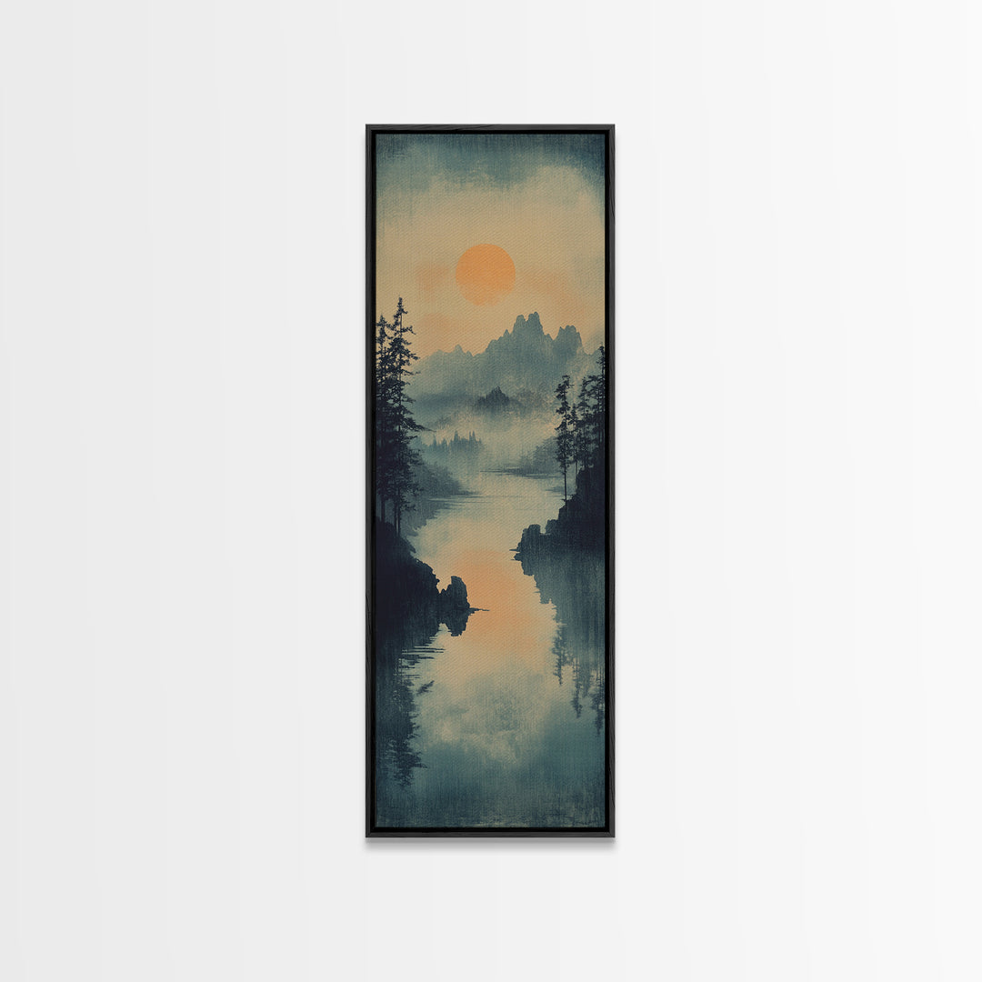 Misty Pine Lake Sunset Wall Art, Japanese Landscape Print, Moody Mountain Decor, Calming Nature Art For Living Room Wall Decor
