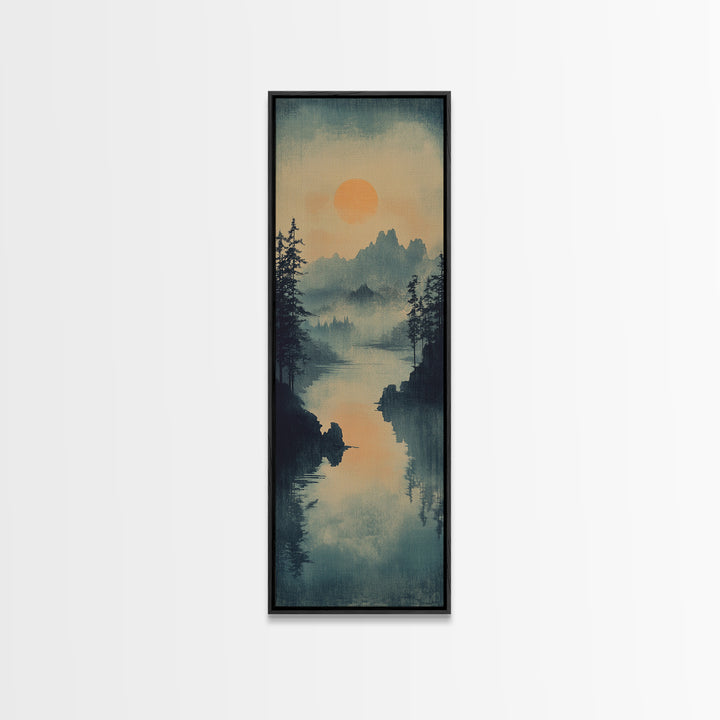 Misty Pine Lake Sunset Wall Art, Japanese Landscape Print, Moody Mountain Decor, Calming Nature Art For Living Room Wall Decor
