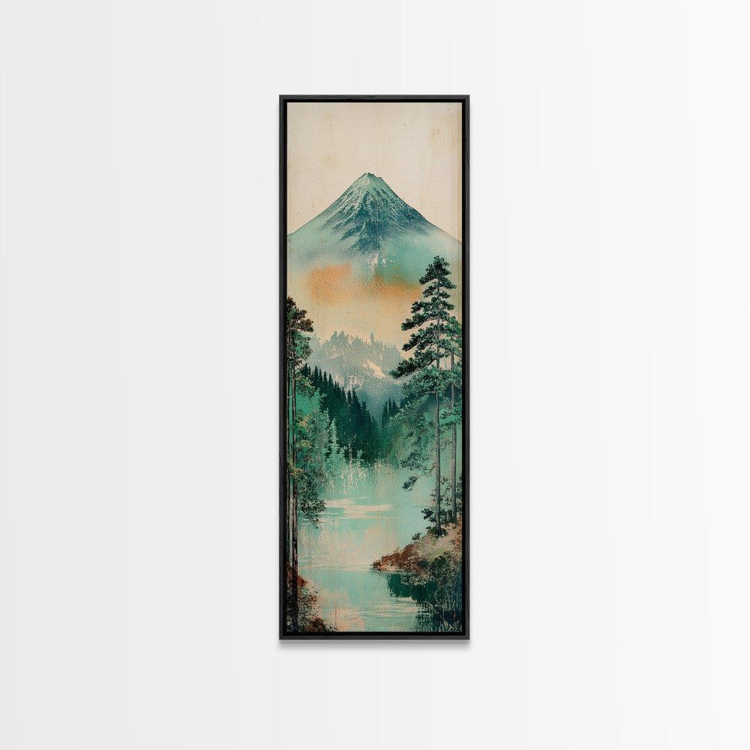 Mount Fuji Lake And Pine Forest Wall Art, Japanese Landscape Print, Japandi Decor, Calming Nature Fine Art Framed Canvas Print