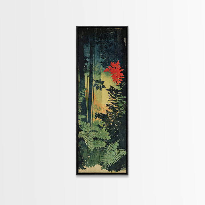 Dark Forest Ferns With Red Maple Glow Wall Art, Botanical Nature Print, Moody Woodland Decor, Large Framed Canvas Print For Spa Decor