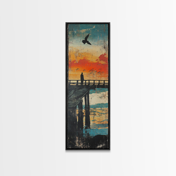 Sunset Pier Silhouette Framed Canvas Print, Coastal Wall Art, Ocean Landscape Art, Seaside Wall Decor, Living Room Decor