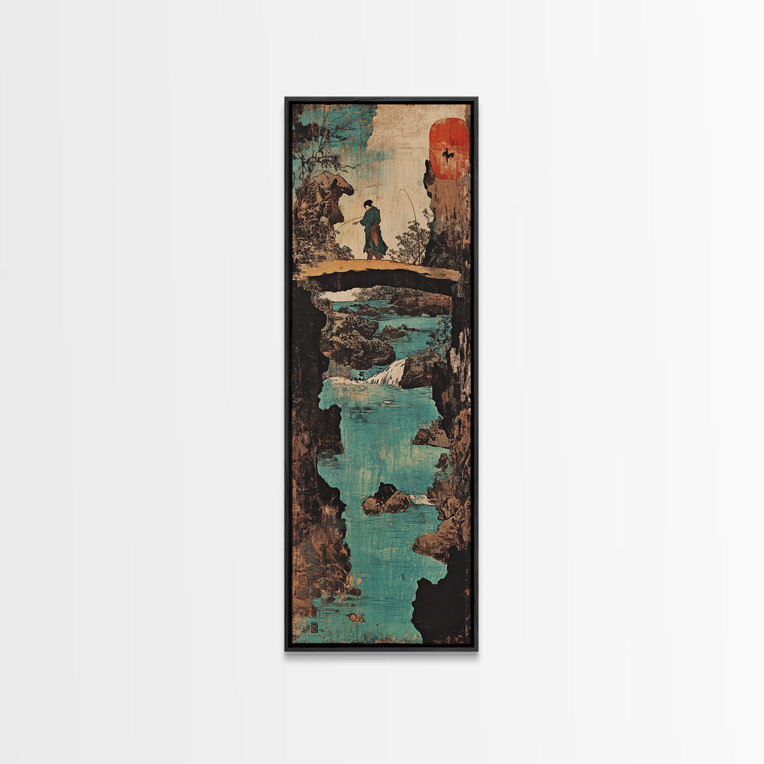 Japanese Bridge Fisherman Wall Art, Asian Landscape Print, Zen Home Decor, Japandi Wall Decor, Serene Living Room Art Gift