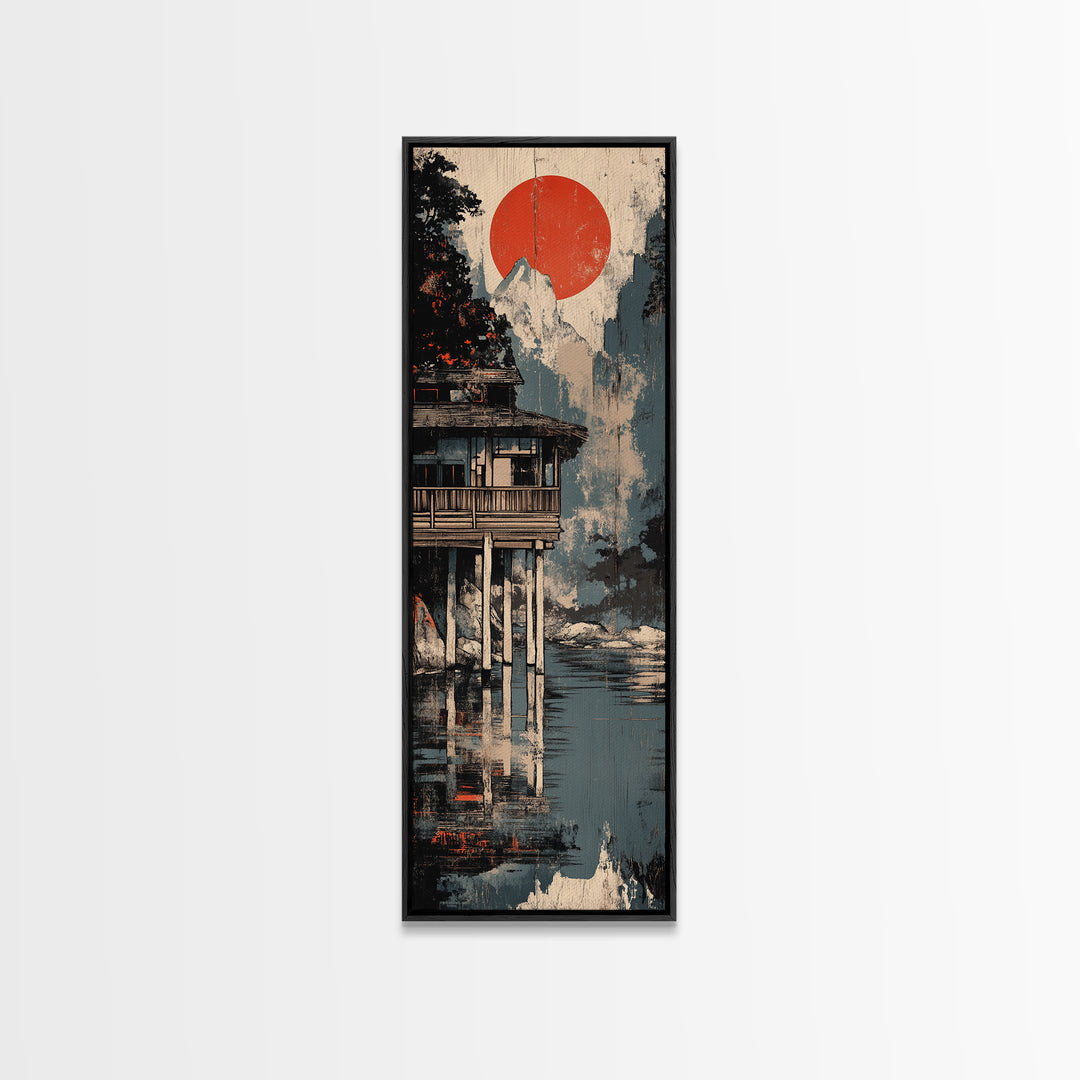 Mountain Lake Cabin Canvas Print, Japanese Wall Art, Japandi Wall Decor, Serene Landscape Art, Modern Coastal Home Decor
