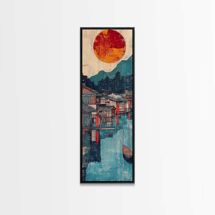 Harbor Village At Sunset Framed Canvas Print, Japanese Wall Art, Mountain Lake Decor, Asian Landscape Print, Coastal Home Decor