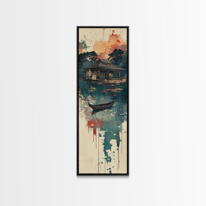 Floating Lake House Canvas Print, Misty Japanese Wall Art, Serene Boat Landscape, Japandi Decor, Peaceful Coastal Wall Decor