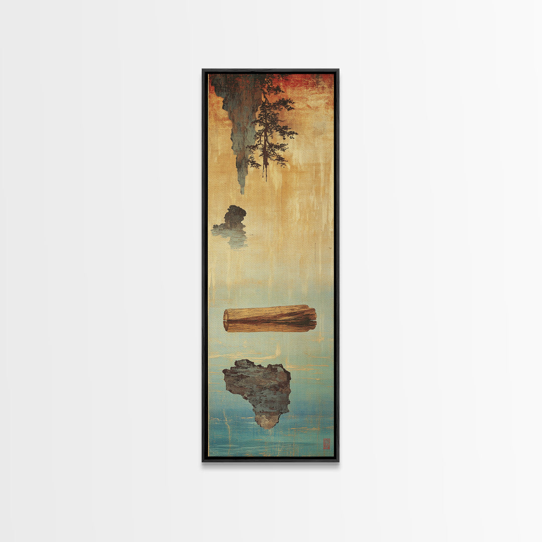 Floating Log And Stone Canvas Print, Japanese Zen Landscape Wall Art, Rustic Wabi Sabi Decor For Serene Living Room Decor