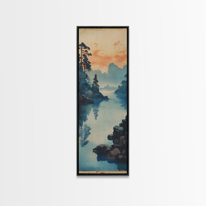 Blue Lake And Pine Forest Wall Art, Japanese Landscape Canvas Print, Serene Coastal Nature Decor For Living Room Above Sofa Decor