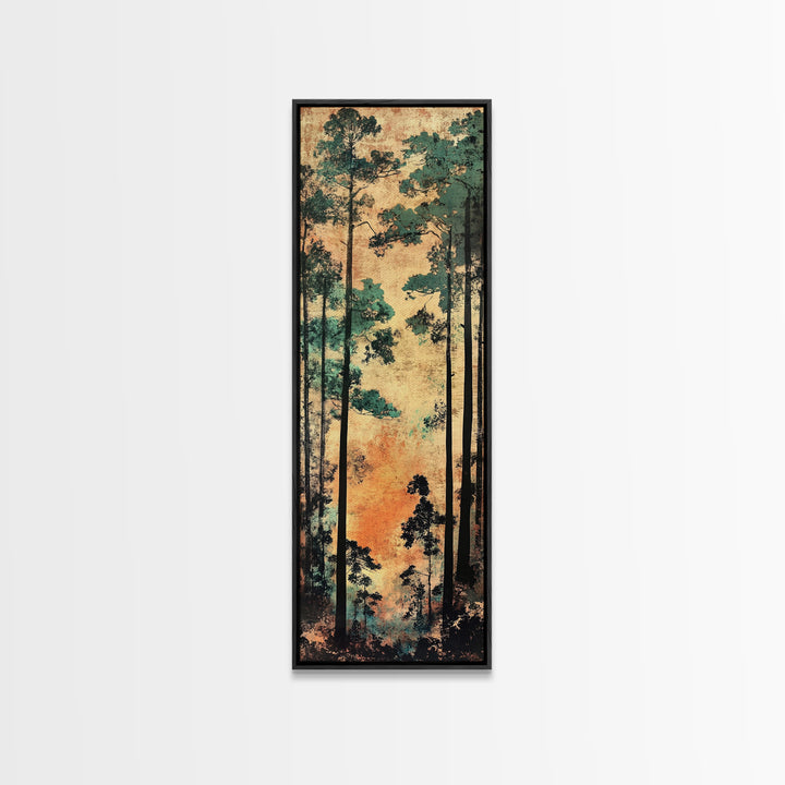 Tall Pine Forest Wall Art, Japanese Woodland Canvas Print, Rustic Nature Decor, Vertical Landscape For Cabin Living Room