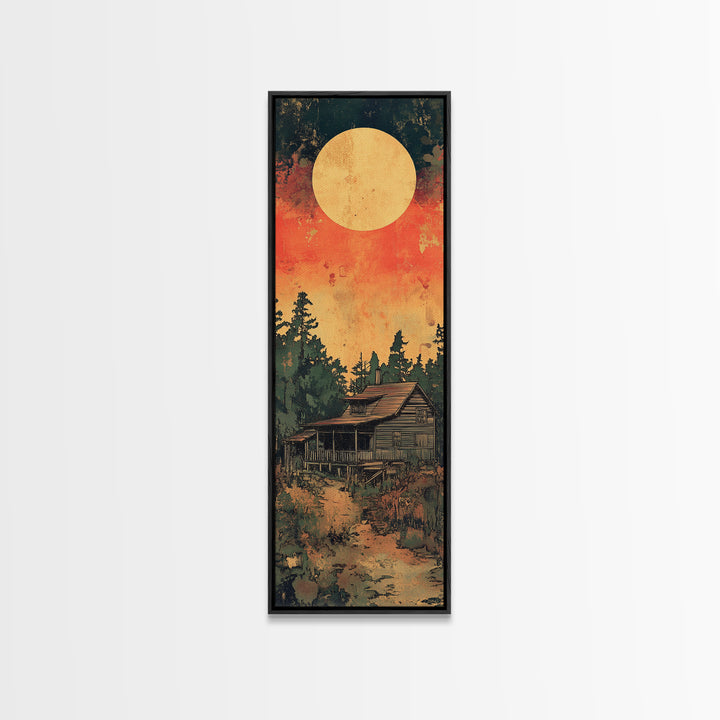 Rustic Cabin Moon Canvas Print, Japanese Forest Wall Art, Orange Sunset Landscape Decor For Cozy Cabin Living Room Wall Decor