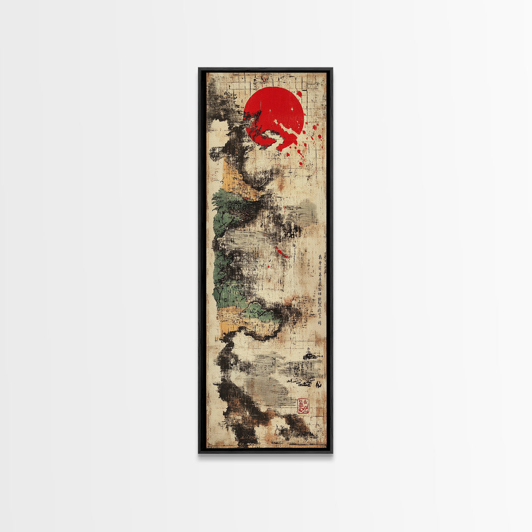 Abstract Sumi Ink Red Sun Wall Art, Japanese Minimalist Canvas Print, Wabi Sabi Decor, Modern Zen Office Wall Decor For Entryway