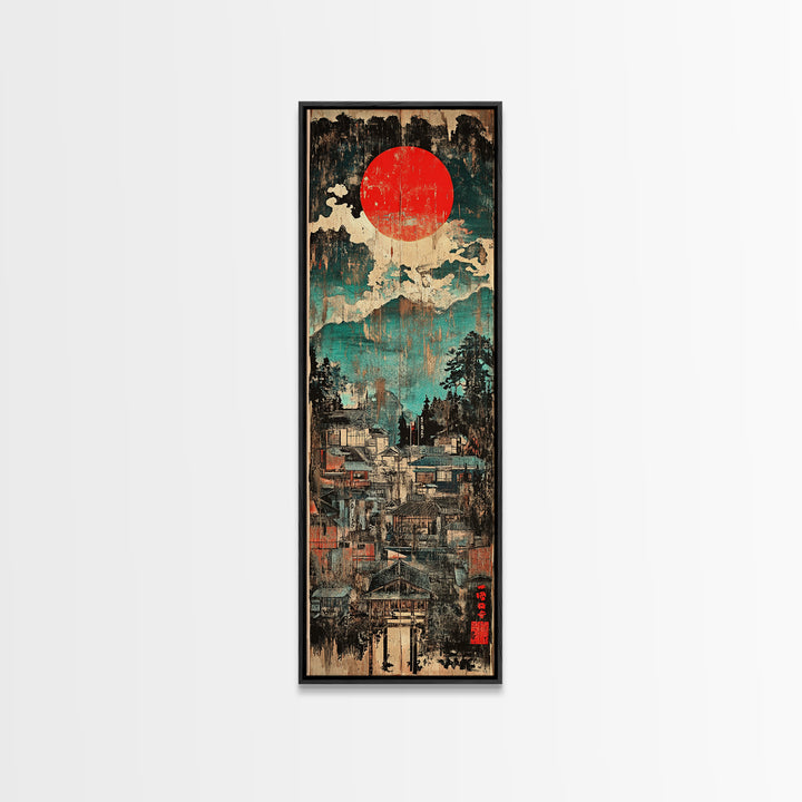 Red Sun Mountain Town Wall Art, Japanese Landscape Canvas Print, Rustic Wabi Sabi Decor, Teal Blue Living Room Wall Art Print