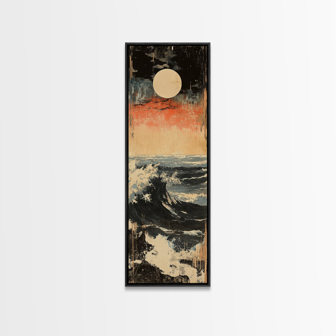 Full Moon Ocean Wave Wall Art, Japanese Seascape Canvas Print, Moody Coastal Decor, Blue Nautical Art For Living Room Decor