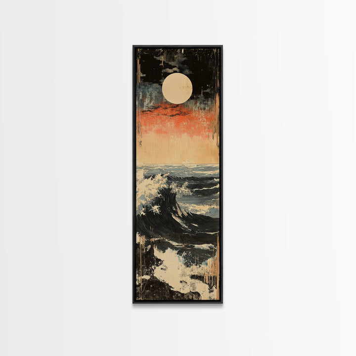 Full Moon Ocean Wave Wall Art, Japanese Seascape Canvas Print, Moody Coastal Decor, Blue Nautical Art For Living Room Decor