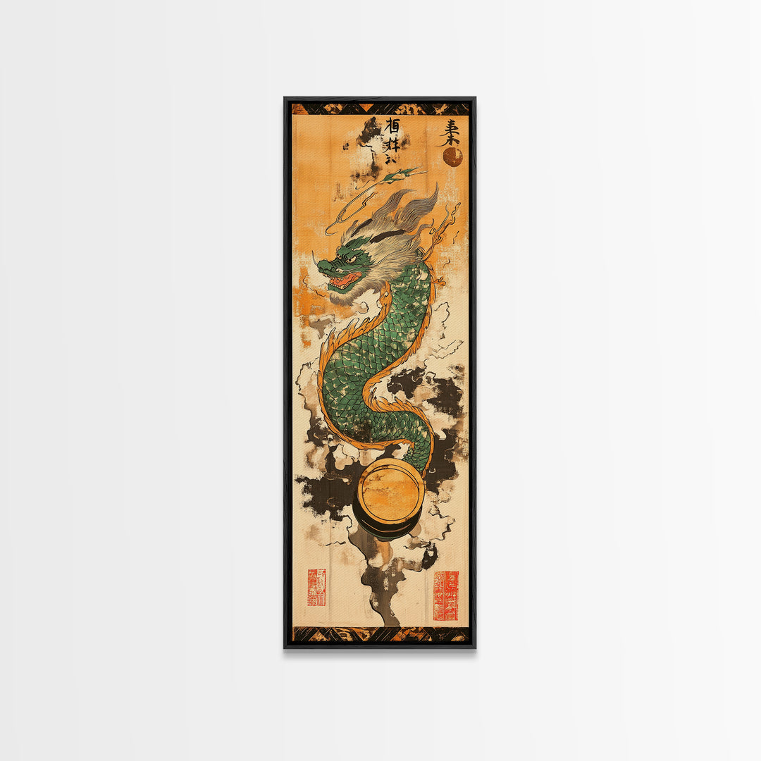 Emerald Japanese Dragon With Pearl Wall Art, Asian Fantasy Canvas Print, Mythical Creature Decor, Japanese Artwork Gift Idea