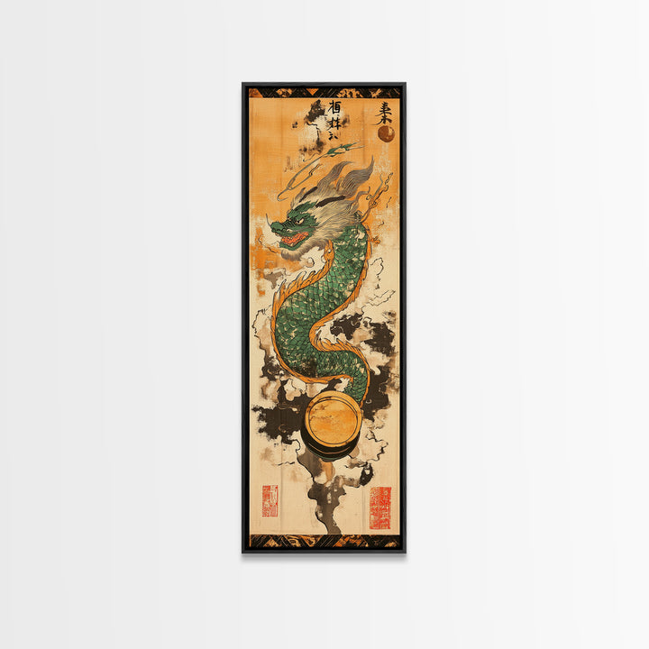Emerald Japanese Dragon With Pearl Wall Art, Asian Fantasy Canvas Print, Mythical Creature Decor, Japanese Artwork Gift Idea
