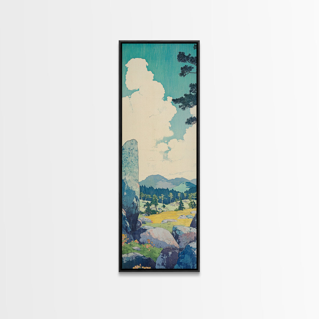 Blue Sky Cloud Meadow And Stone Wall Art, Japanese Landscape Canvas Print, Minimalist Nature Art, Serene Decor, Japandi Print