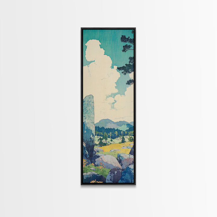 Blue Sky Cloud Meadow And Stone Wall Art, Japanese Landscape Canvas Print, Minimalist Nature Art, Serene Decor, Japandi Print