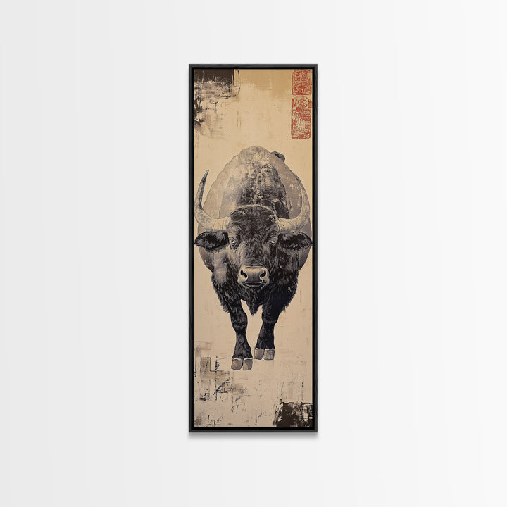 Black Bison Ink Study Wall Art, Rustic Wildlife Canvas Wall Art, Western Decor, Japanese Inspired Print, Gift For Him, Lodge Home Decor