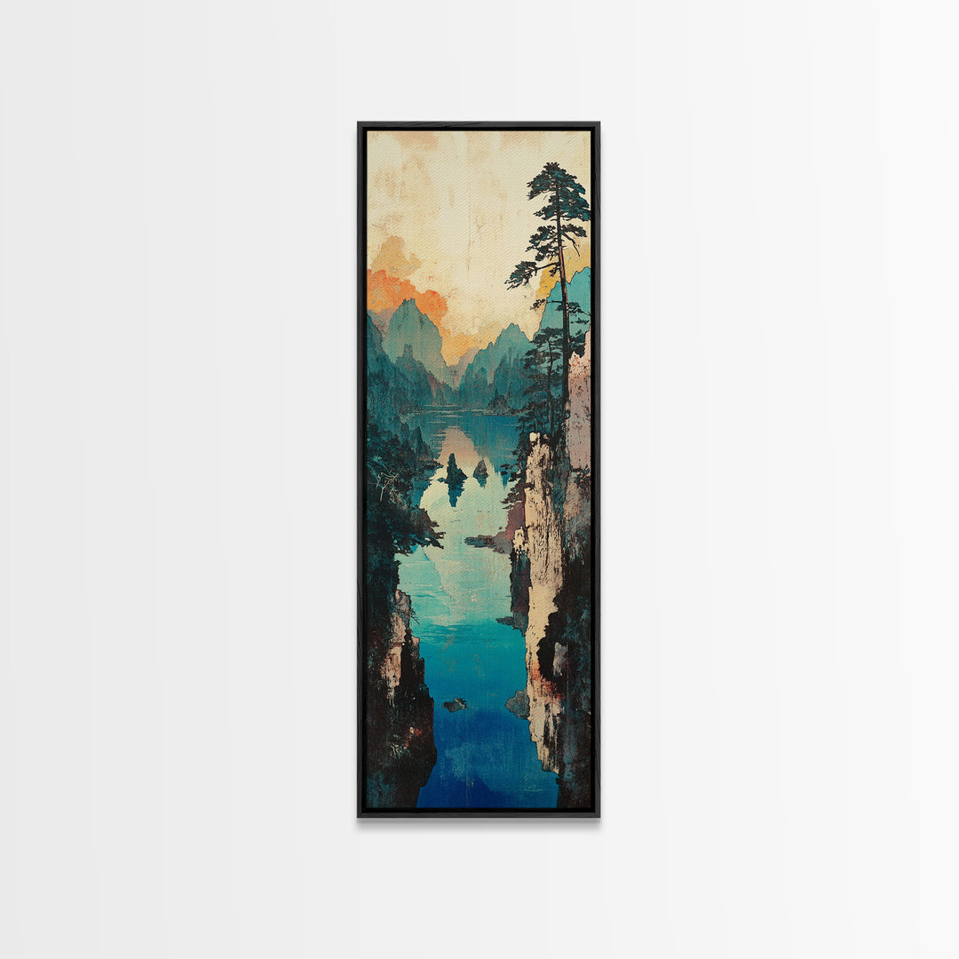 Turquoise Mountain Gorge Wall Art, Serene Lake Landscape Canvas Print, Japandi Nature Decor, Large Living Room Wall Art Print