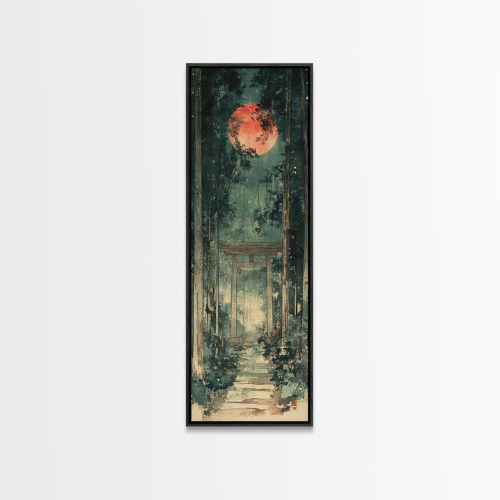 Red Moon Forest Shrine Wall Art, Mystical Torii Gate Canvas Print, Japanese Zen Decor, Dark Green Celestial Wall Art, Meditation Decor