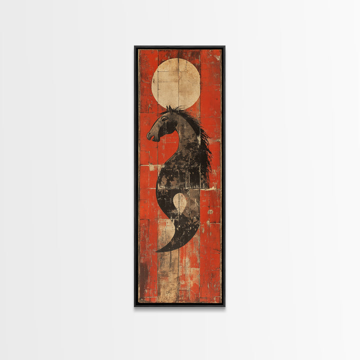 Black Horse Yin Yang Red Canvas Print, Japanese Equestrian Wall Art, Western Modern Decor, Long Narrow Wall Decor Gift For Him