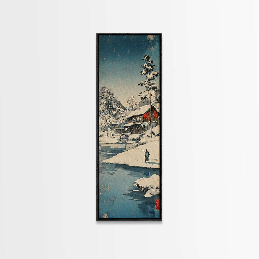 Snowy Japanese Cabin River Wall Art, Winter Landscape Canvas Print, Japandi Home Decor, Long Narrow Wall Decor Gift For Him