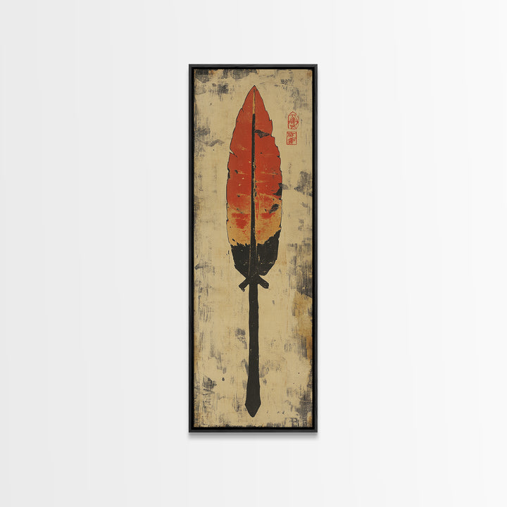 Red Feather Arrow Wall Art, Rustic Tribal Canvas Print, Southwestern Boho Decor, Indigenous Inspired Living Room Decor Gift
