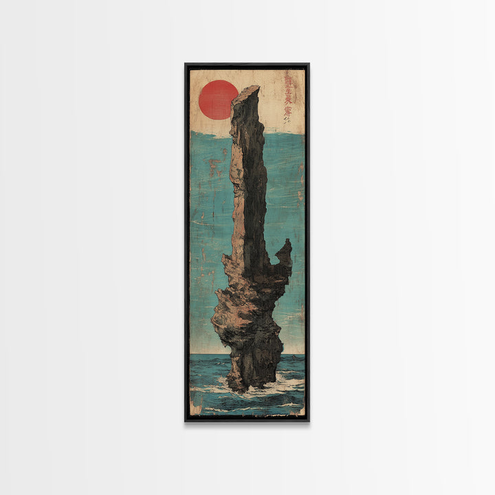Red Sun Sea Stack Wall Art, Japanese Coastal Canvas Print, Dramatic Ocean Rock Landscape Print, Japandi Living Room Decor