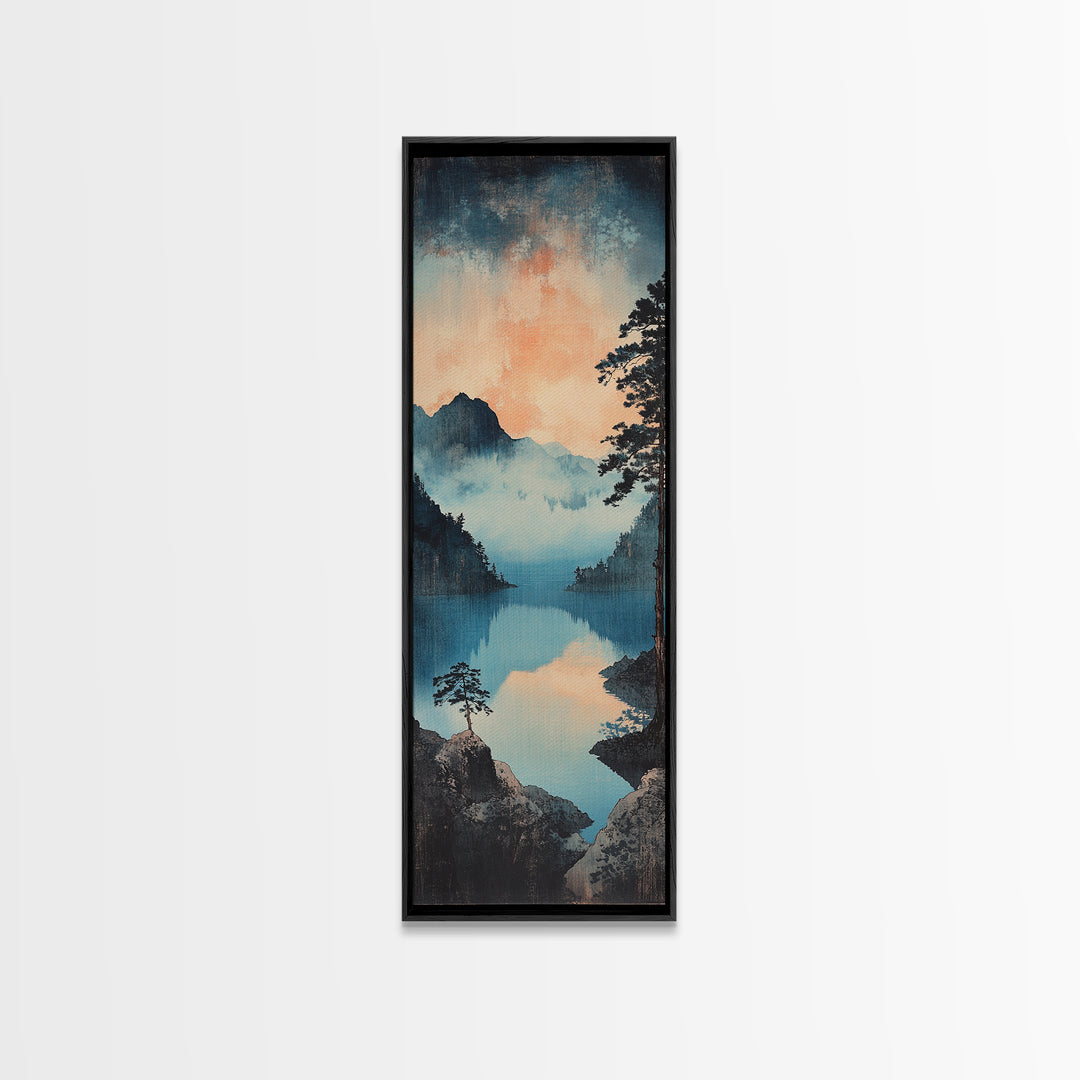 Misty Blue Mountain Lake Wall Art, Japanese Landscape Print, Serene Nature Decor, Long Narrow Canvas For Living Room Wall Decor