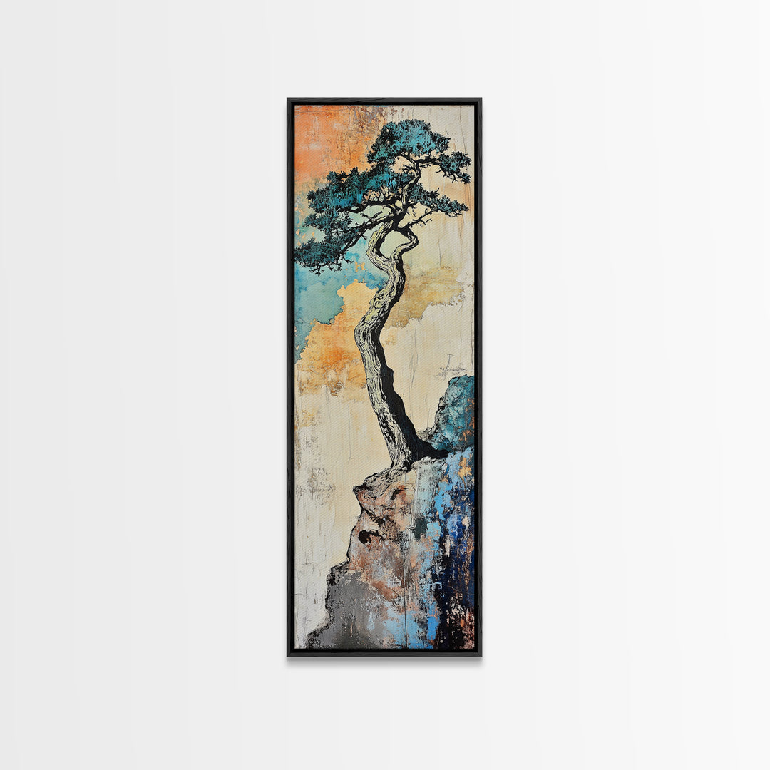 Twisted Pine Tree On Rocky Cliff Wall Art, Japanese Nature Print, Rustic Asian Decor, Long Narrow Minimalist Canvas Wall Decor