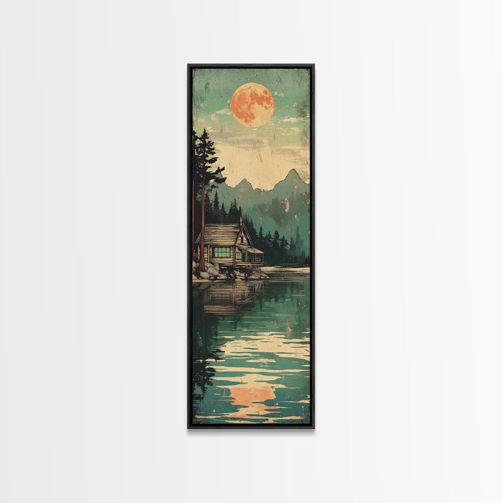 Full Moon Cabin Beside Green Lake Wall Art, Japanese Landscape Print, Cozy Rustic Decor, Long Narrow Mountain Lake Canvas Art