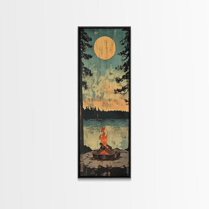 Moonlit Campfire By Quiet Lake Wall Art, Rustic Cabin Decor, Nature Landscape Print, Cozy Lodge Gift, Vertical Canvas Print, Home Decor