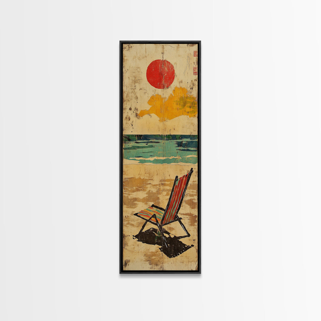 Striped Beach Chair Under Red Sun Canvas Print, Coastal Wall Art, Beach House Decor, Summer Ocean Print, Gift For Her, Home Decor