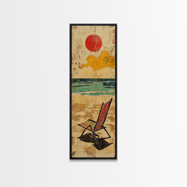 Striped Beach Chair Under Red Sun Canvas Print, Coastal Wall Art, Beach House Decor, Summer Ocean Print, Gift For Her, Home Decor