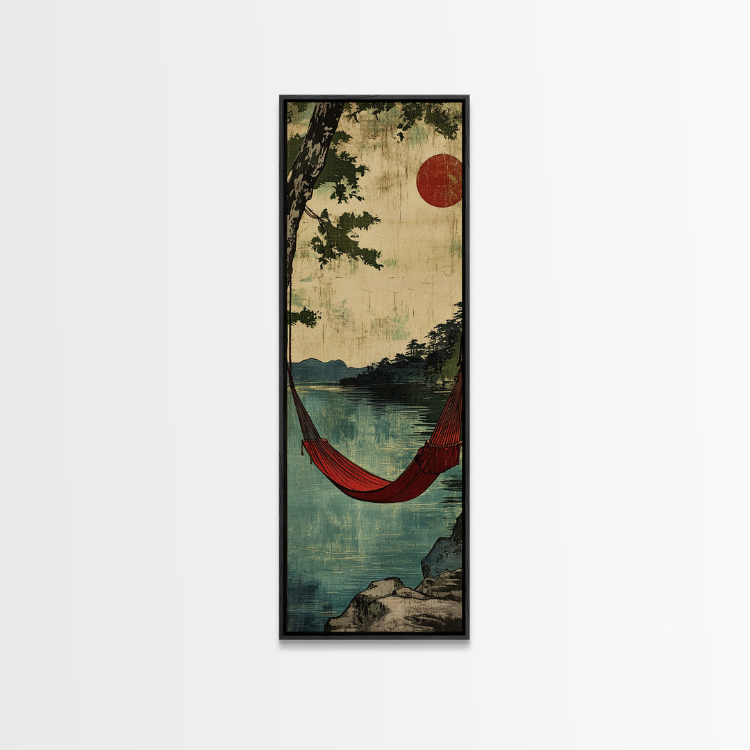 Red Hammock Over Serene Lake Wall Art, Japandi Landscape Print, Rustic Cabin Decor, Nature Wall Decor, Calming Home Decor Gift