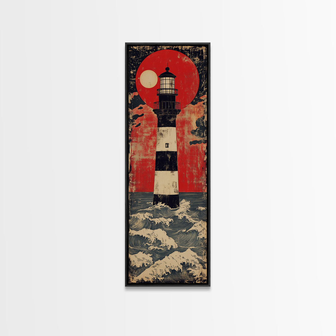 Striped Lighthouse Beneath Red Sun Wall Art, Nautical Canvas Print, Ocean Wall Decor, Coastal Home Decor, Statement Gift