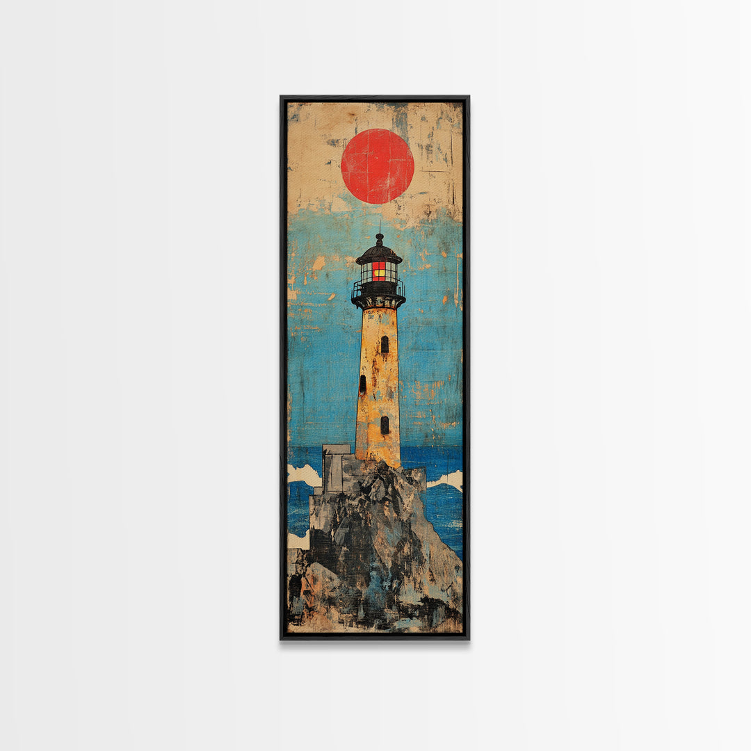 Rocky Island Lighthouse With Red Sun Canvas Print, Coastal Wall Art, Nautical Decor, Ocean Landscape, Large Wall Decor Gift