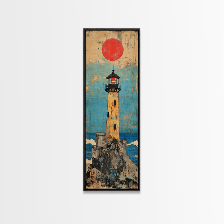 Rocky Island Lighthouse With Red Sun Canvas Print, Coastal Wall Art, Nautical Decor, Ocean Landscape, Large Wall Decor Gift