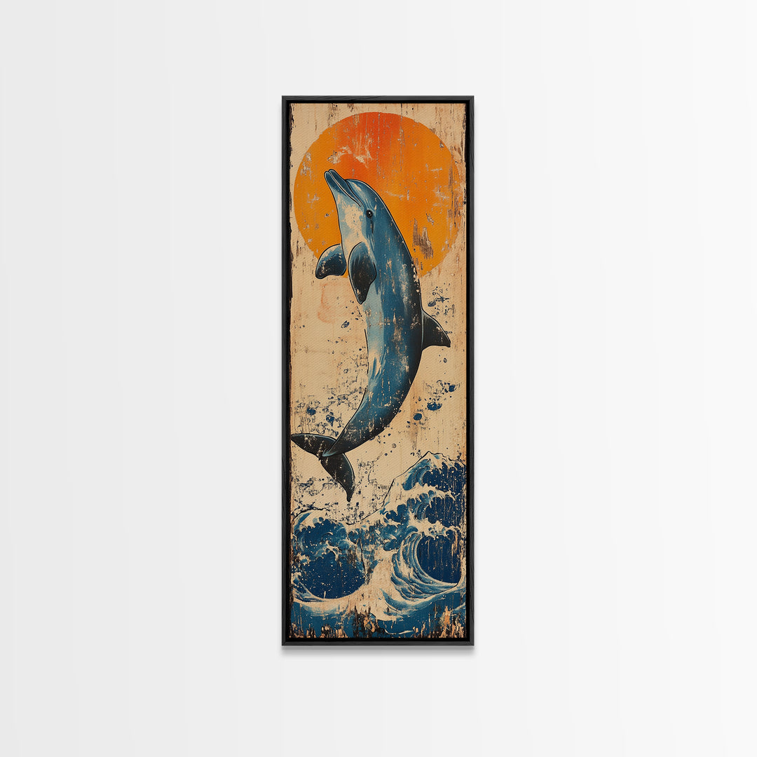 Jumping Dolphin Ocean Wall Art, Japanese Wave Canvas Print, Coastal Beach Decor, Orange Sun Nautical Art Print, Gift For Her