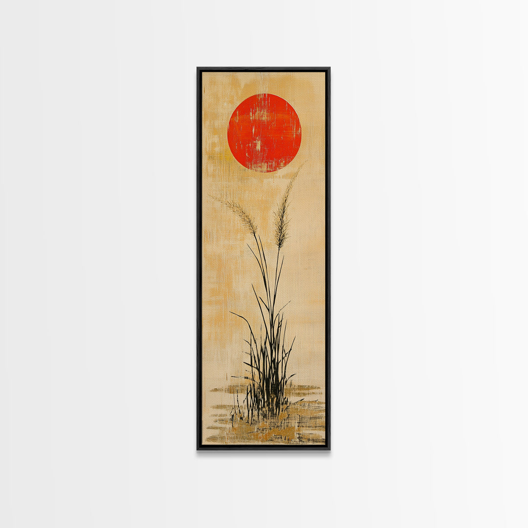 Red Sun Grass Minimalist Wall Art, Japanese Landscape Canvas Print, Wabi Sabi Decor, Neutral Wall Decor, Zen Home Decor Print