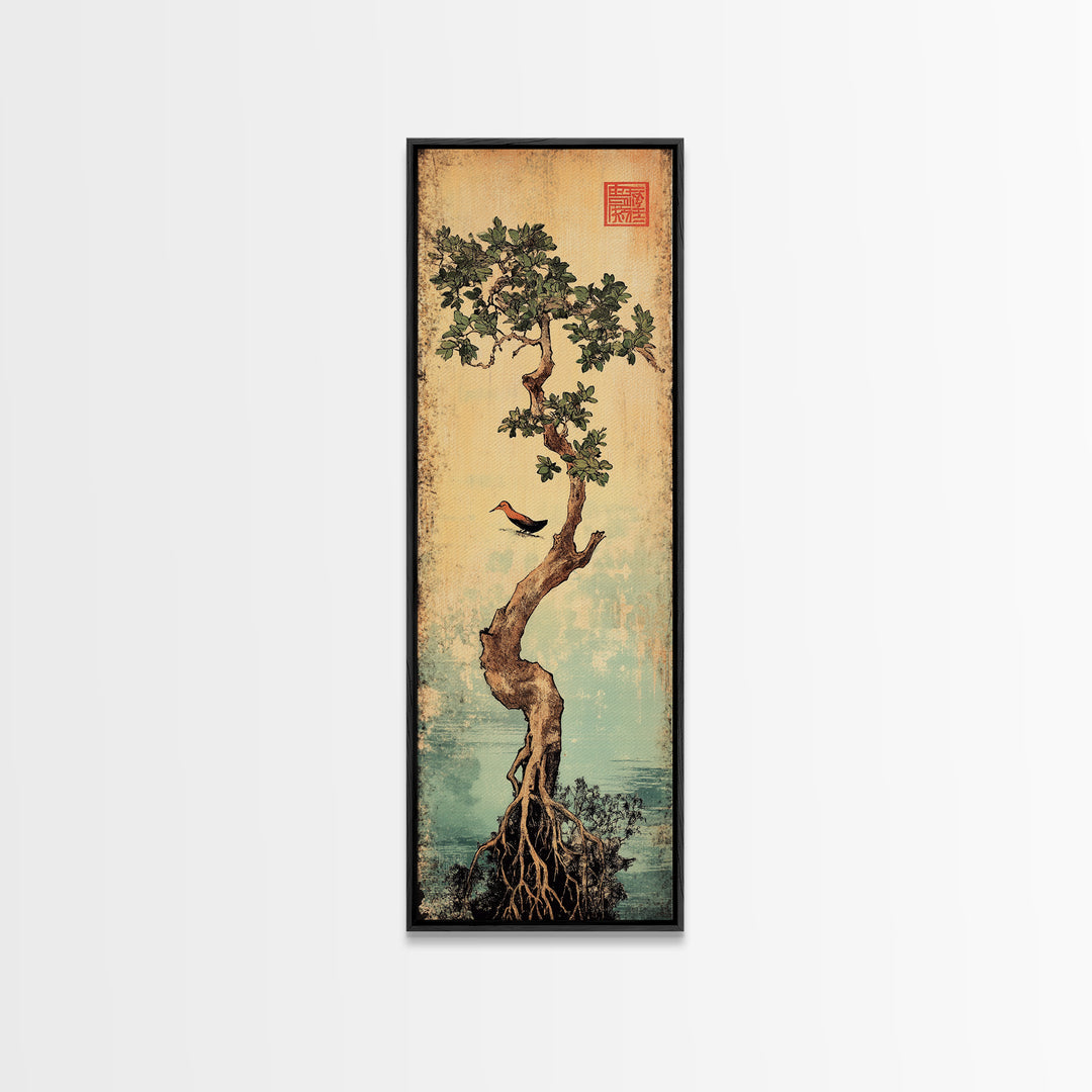 Bonsai Tree With Exposed Roots Wall Art, Japanese Botanical Canvas Print, Zen Nature Decor, Bird Wall Art, Wabi Sabi Decor