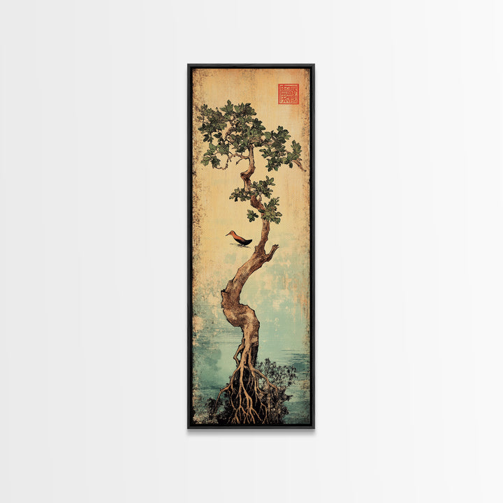 Bonsai Tree With Exposed Roots Wall Art, Japanese Botanical Canvas Print, Zen Nature Decor, Bird Wall Art, Wabi Sabi Decor