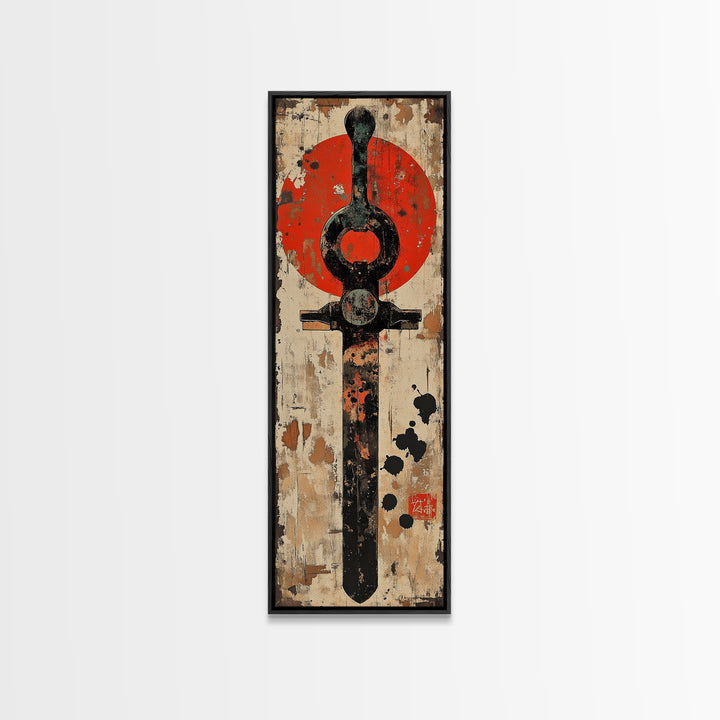 Rustic Samurai Sword With Red Sun Canvas Print, Japanese Wall Art, Martial Arts Decor, Masculine Office Wall Decor, Gift For Him