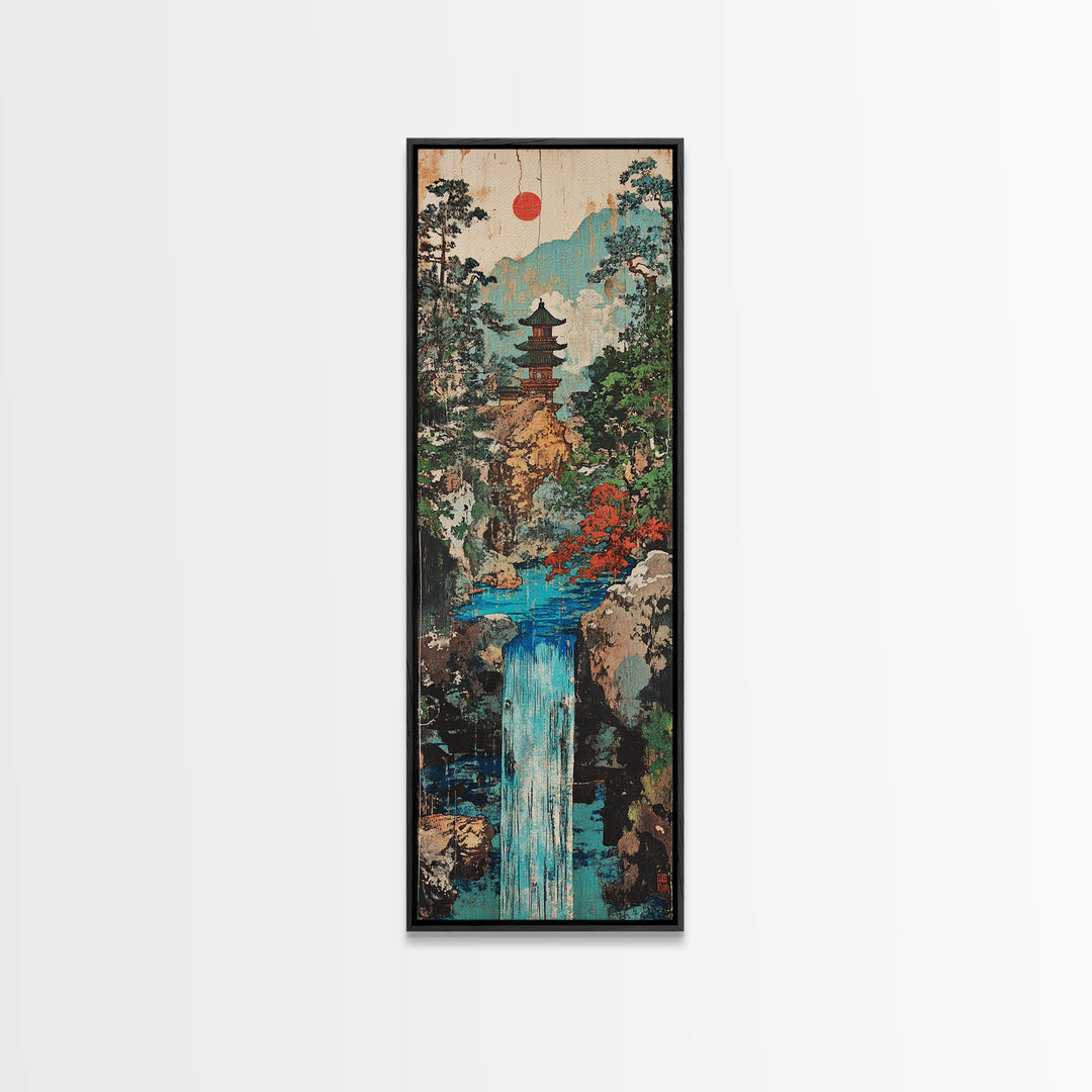 Pagoda Waterfall In Misty Mountain Forest Framed Canvas Print, Japanese Wall Art, Zen Decor, Japandi Landscape, Living Room Art