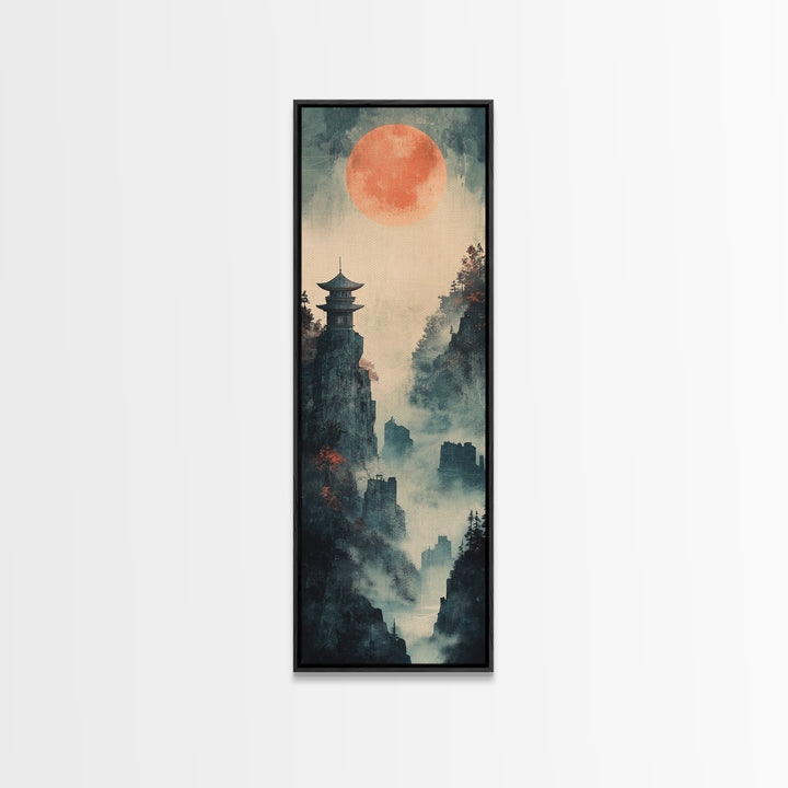 Misty Pagoda Cliffs Under Coral Moon Framed Canvas Print, Japanese Wall Art, Zen Landscape Decor, Moody Wall Decor, Gift For Her