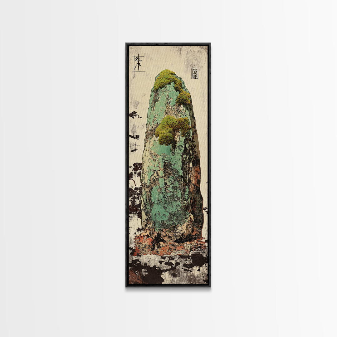 Mossy Zen Stone Monolith Wall Art, Japanese Wabi Sabi Landscape Print, Tall Narrow Canvas For Meditation Room Decor Gift