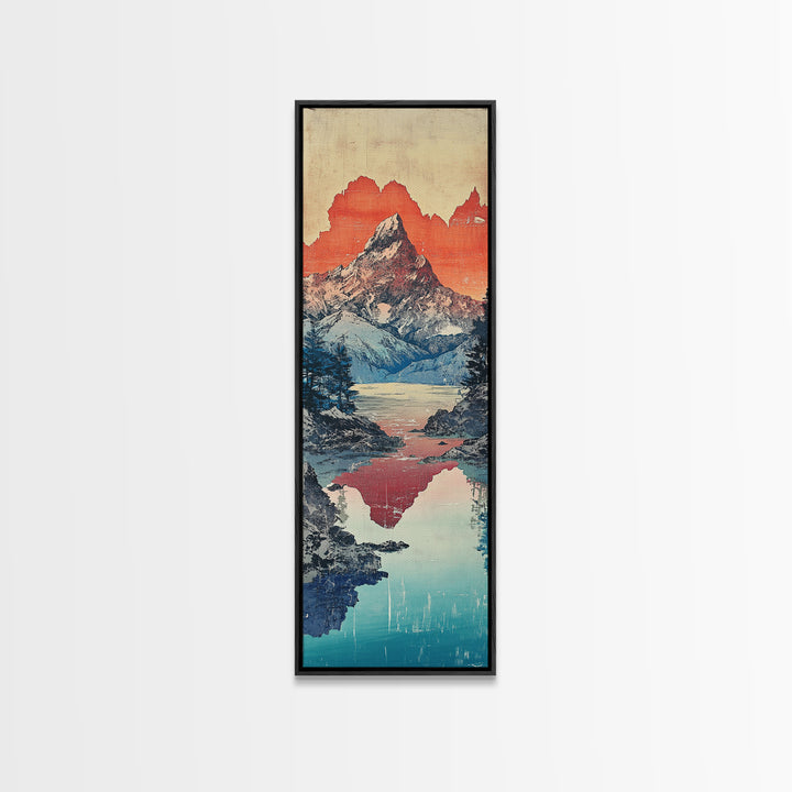 Snowy Mountain Lake Reflection Wall Art, Japanese Woodblock Landscape Print, Blue Teal Canvas For Cabin Living Room Decor
