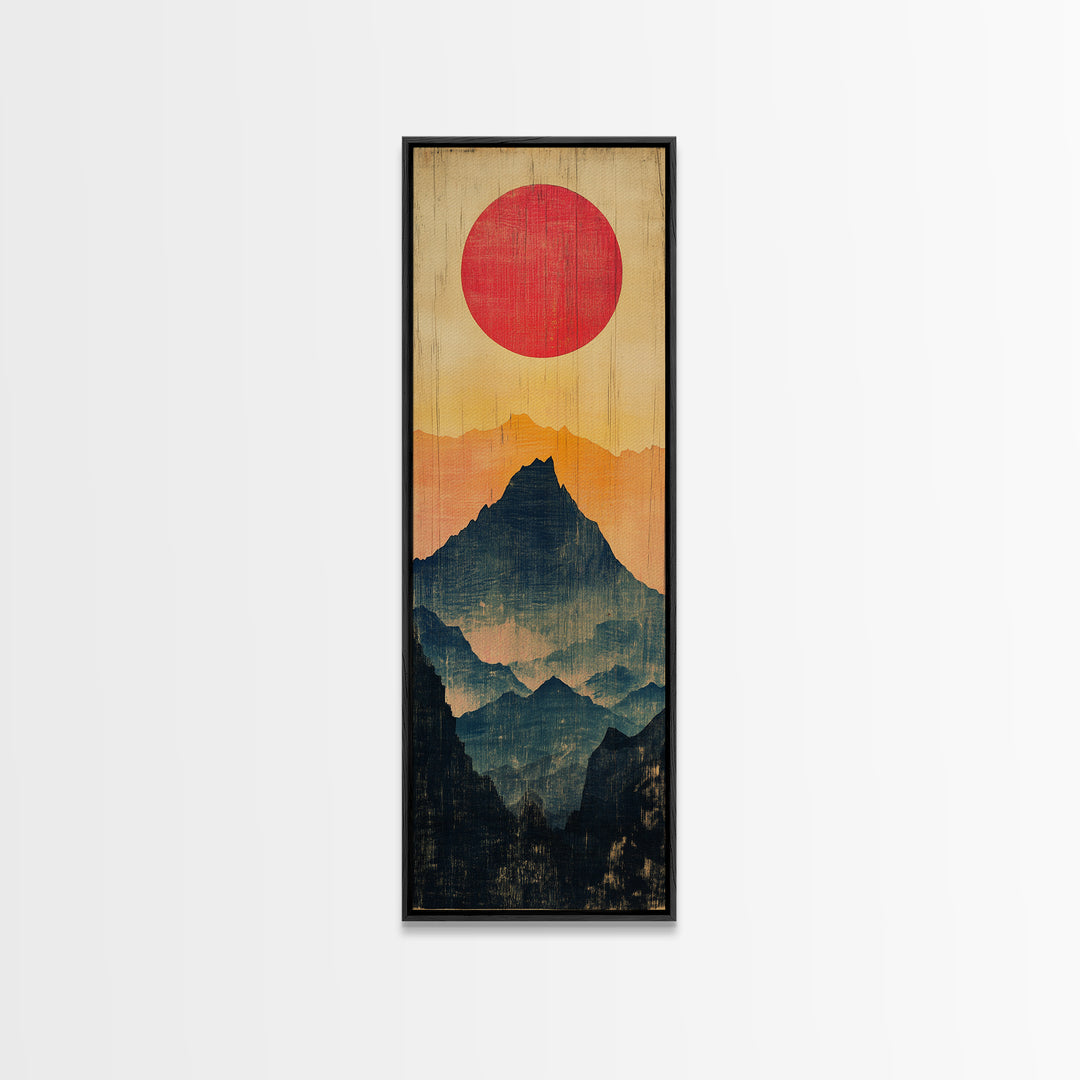 Red Sun Layered Mountain Silhouette Wall Art, Minimalist Japanese Landscape Print, Tall Narrow Canvas For Zen Home Decor